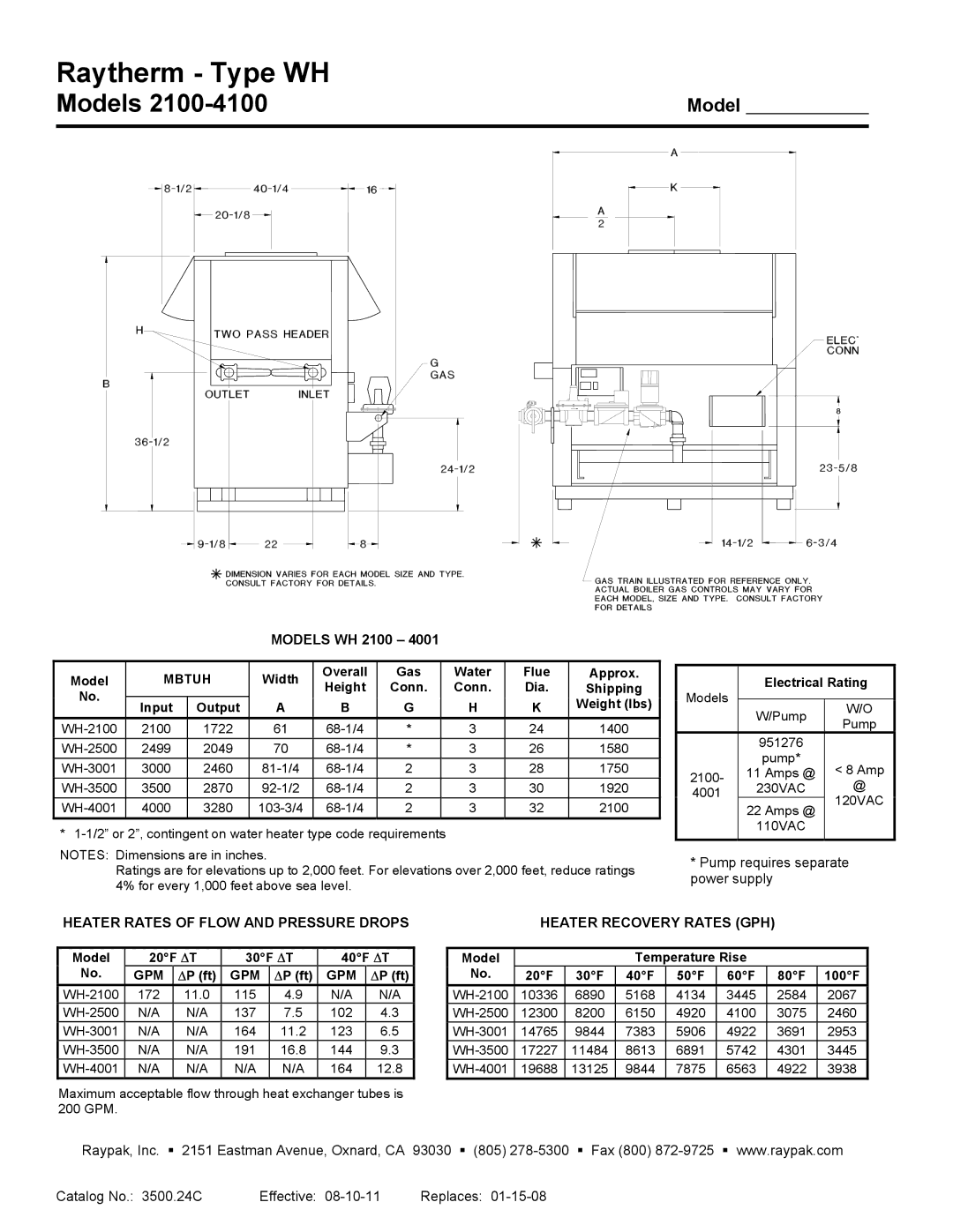 Raypak warranty Raytherm Type WH, Models WH 2100 