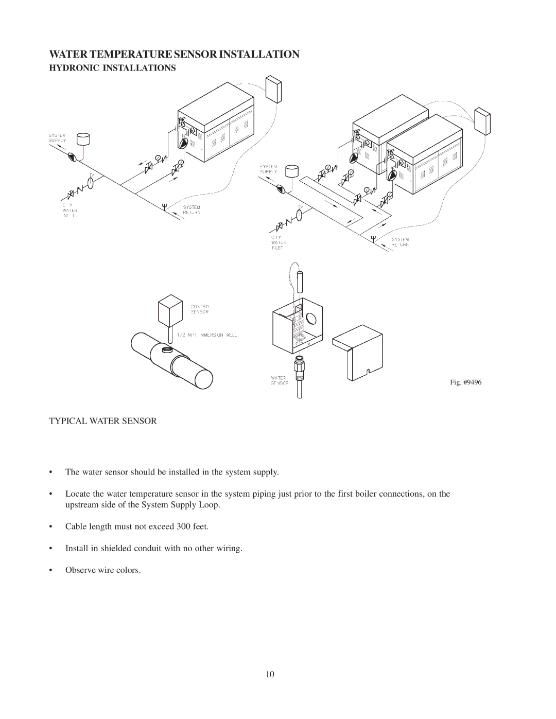 Raypak 240692 manual Water Temperature Sensor Installation, Hydronic Installations, Typical Water Sensor 