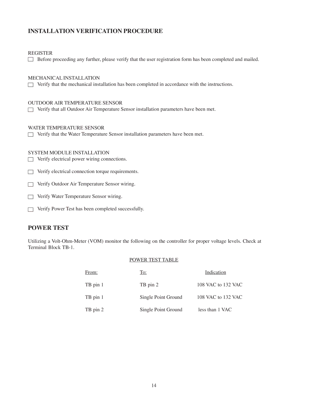 Raypak 240692 manual Installation Verification Procedure, Power Test 