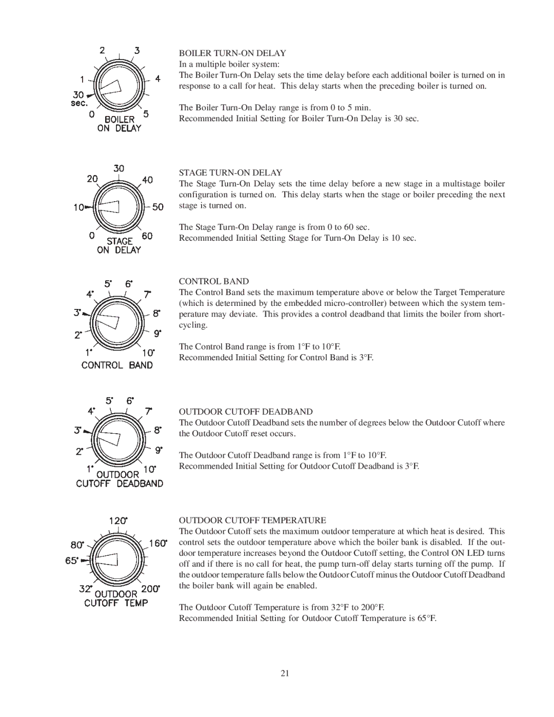 Raypak 240692 manual Stage TURN-ON Delay, Control Band, Outdoor Cutoff Deadband, Outdoor Cutoff Temperature 