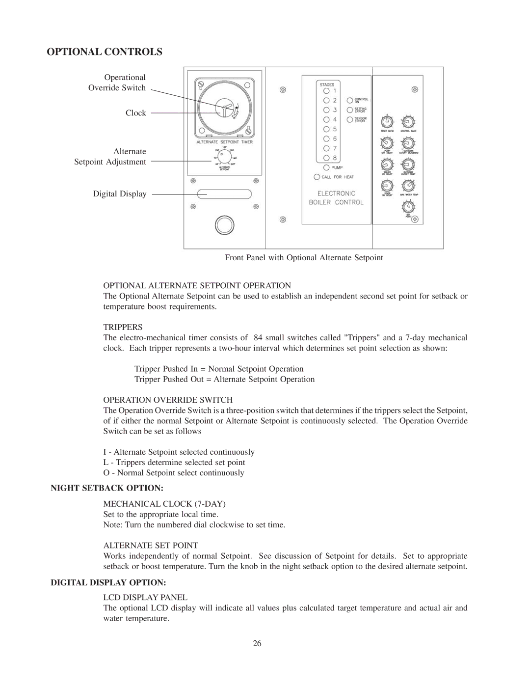 Raypak 240692 manual Optional Controls, Night Setback Option, Digital Display Option 