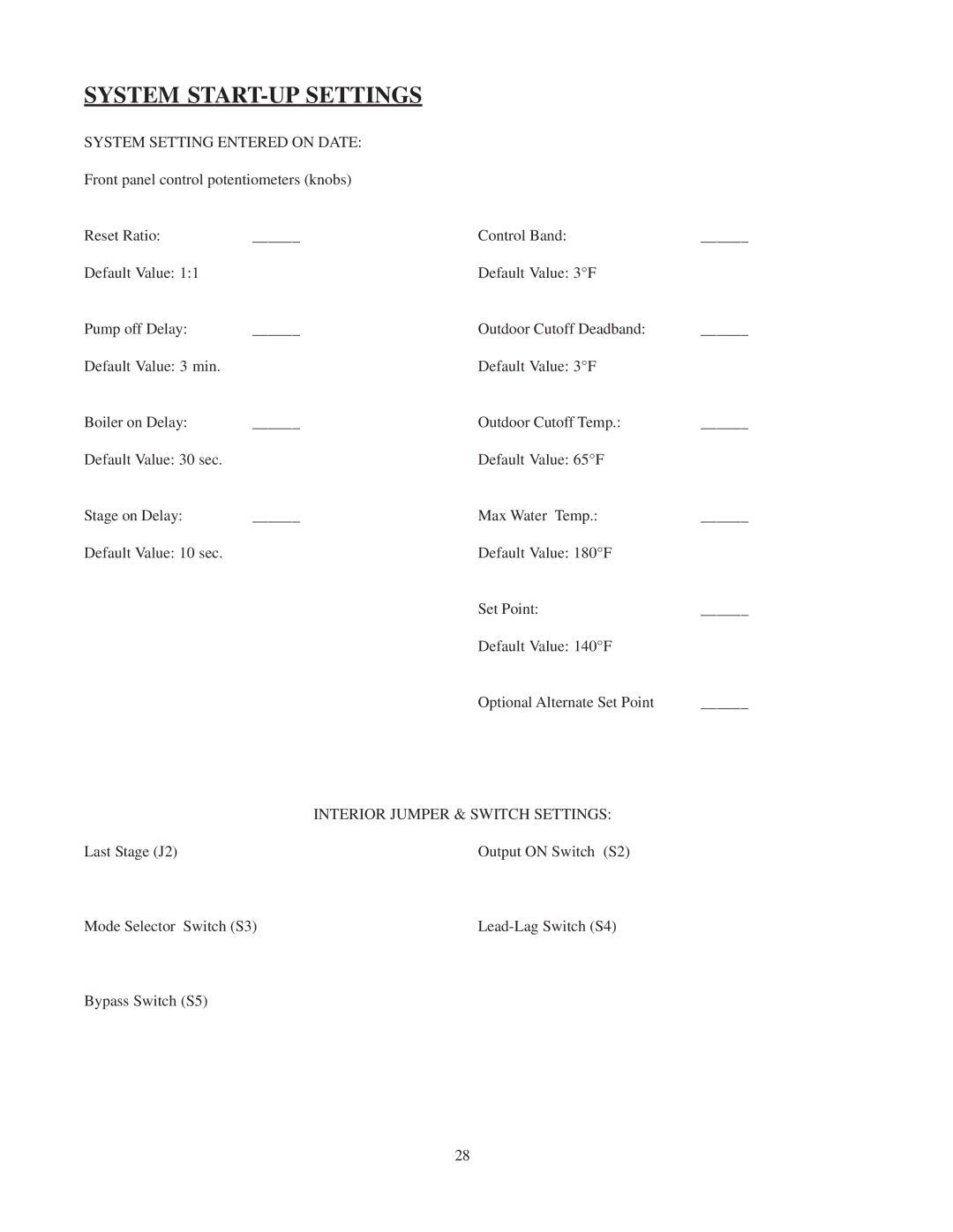 Raypak 240692 manual System START-UP Settings, System Setting Entered on Date, Interior Jumper & Switch Settings 