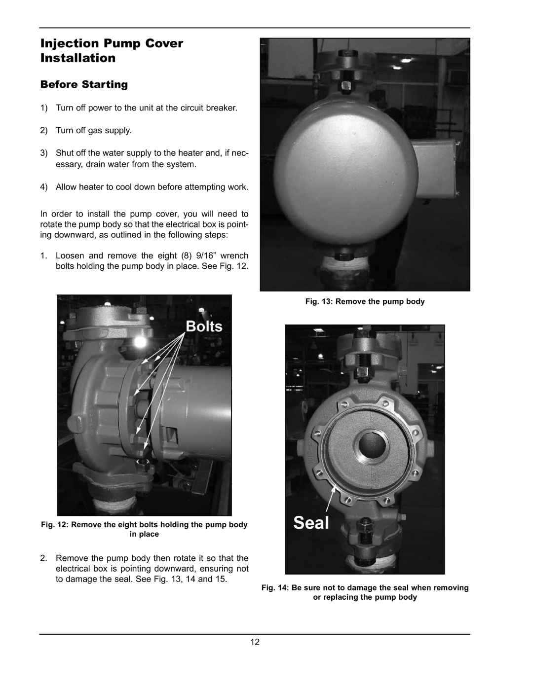 Raypak 241275 manual Injection Pump Cover Installation, Before Starting 