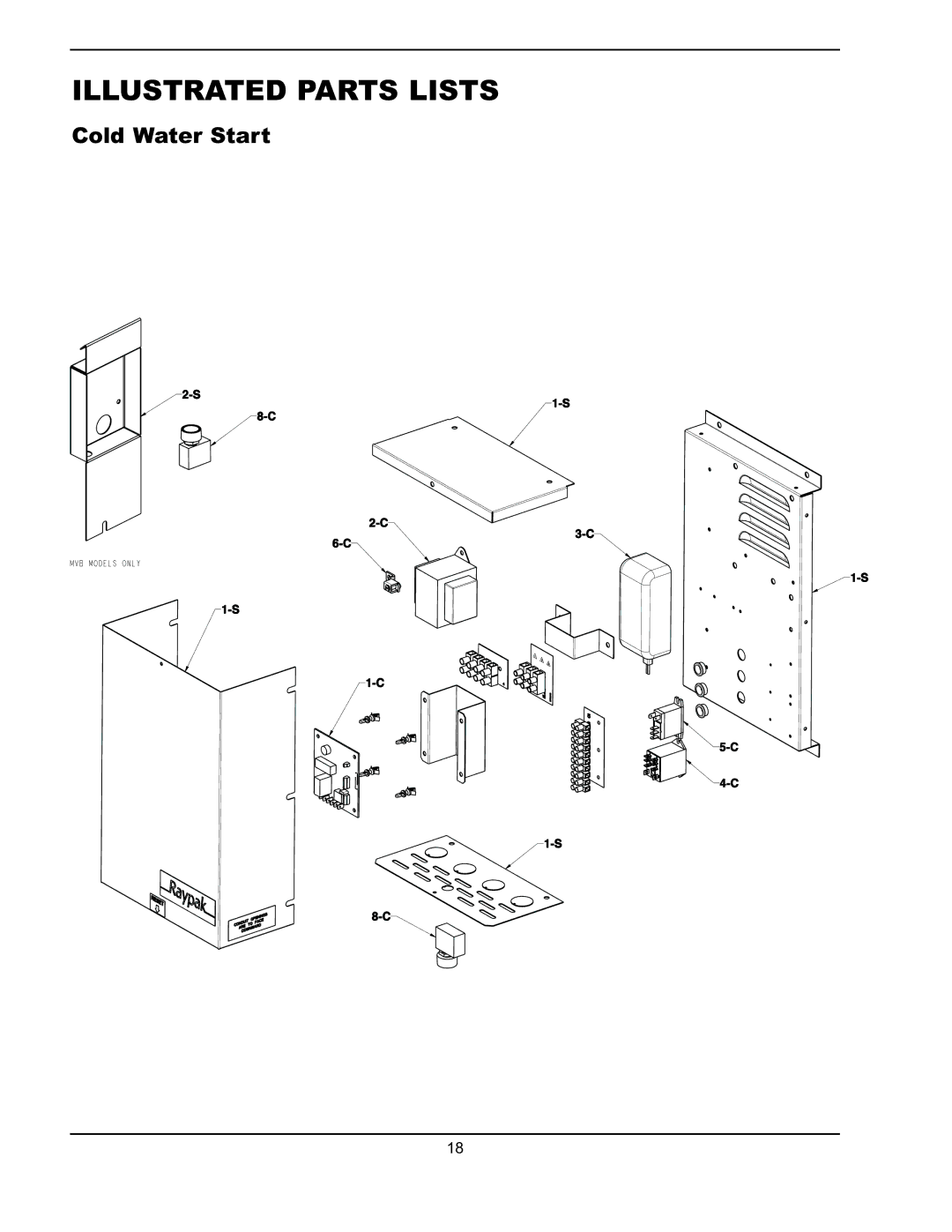 Raypak 241275 manual Illustrated Parts Lists, Cold Water Start 