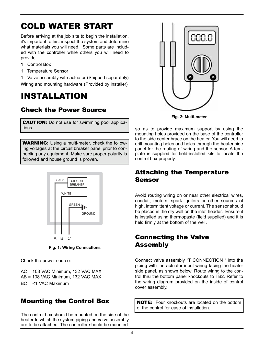 Raypak 241275 manual Cold Water Start, Installation 