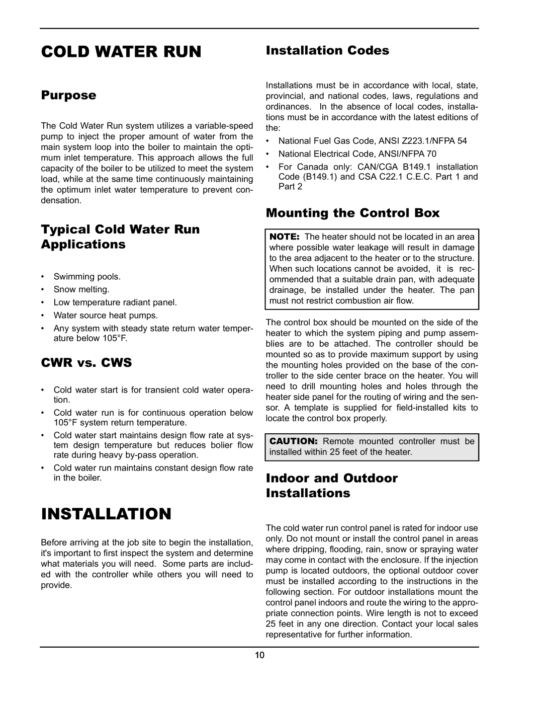 Raypak 241275 Purpose, Typical Cold Water Run Applications, CWR vs. CWS, Installation Codes, Mounting the Control Box 