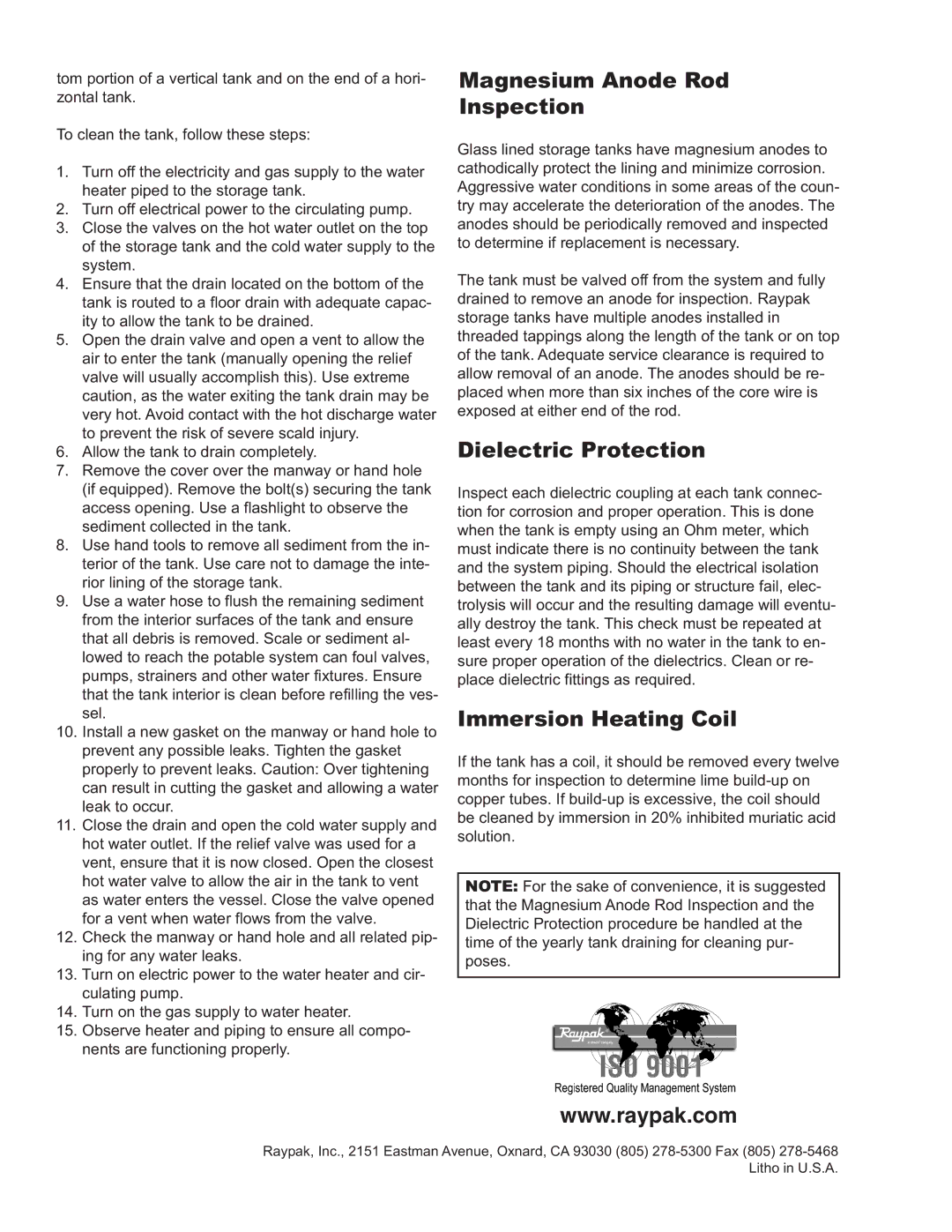 Raypak 241355 warranty Magnesium Anode Rod Inspection, Dielectric Protection, Immersion Heating Coil 
