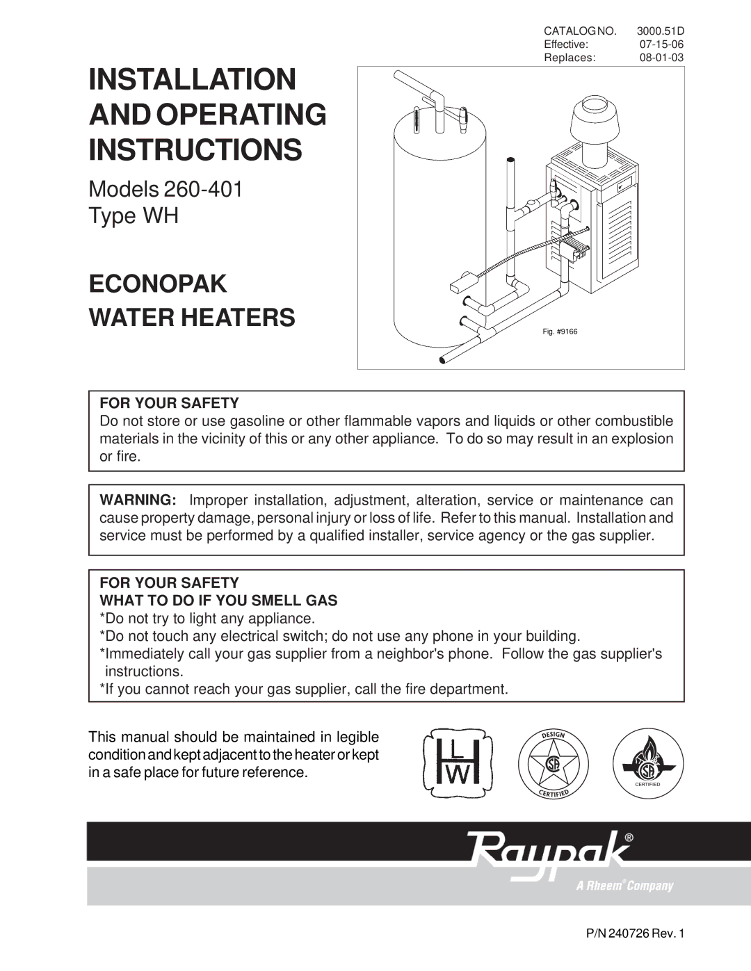 Raypak 260-401 manual Installation and Operating Instructions, For Your Safety 