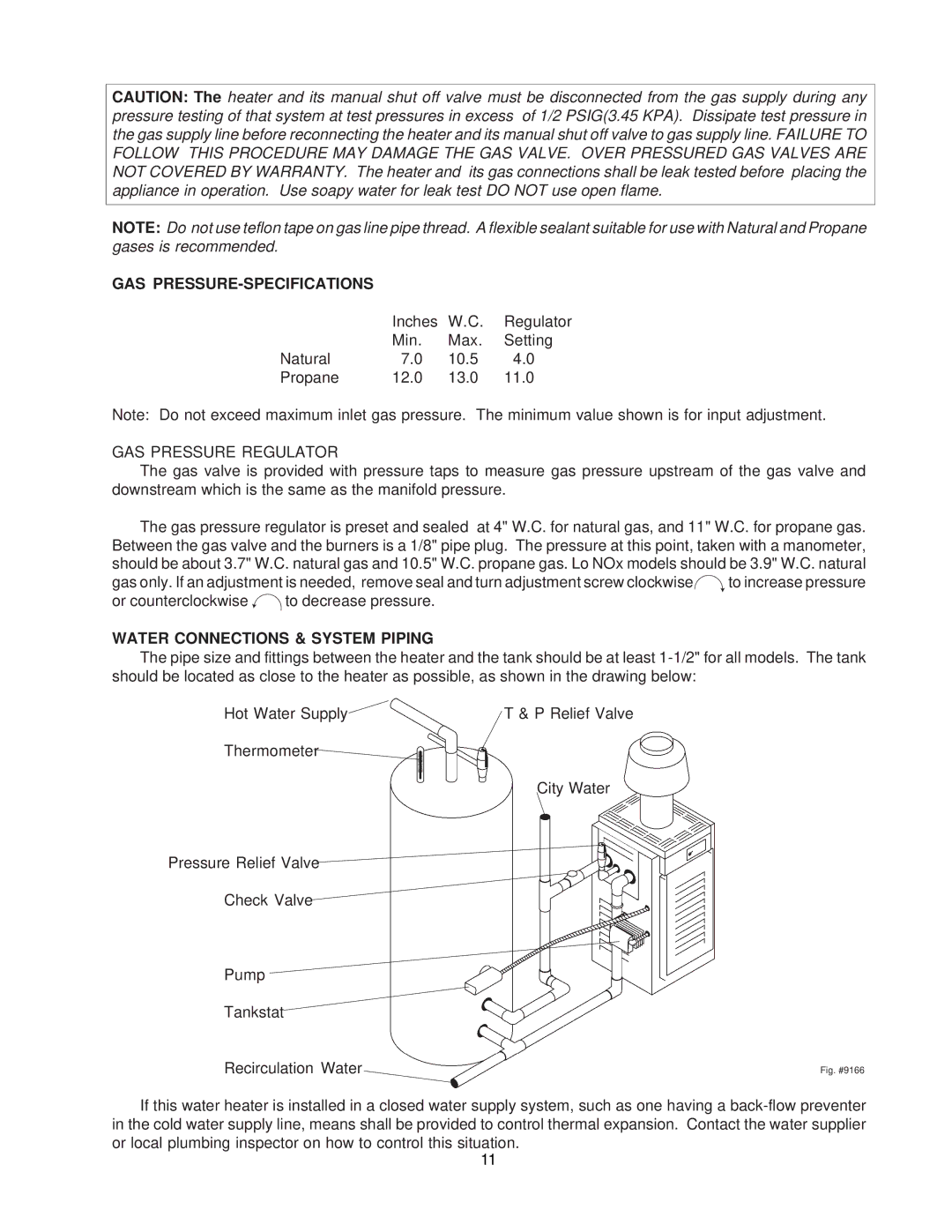 Raypak 260-401 manual Gas Pressure-Specifications, GAS Pressure Regulator, Water Connections & System Piping 