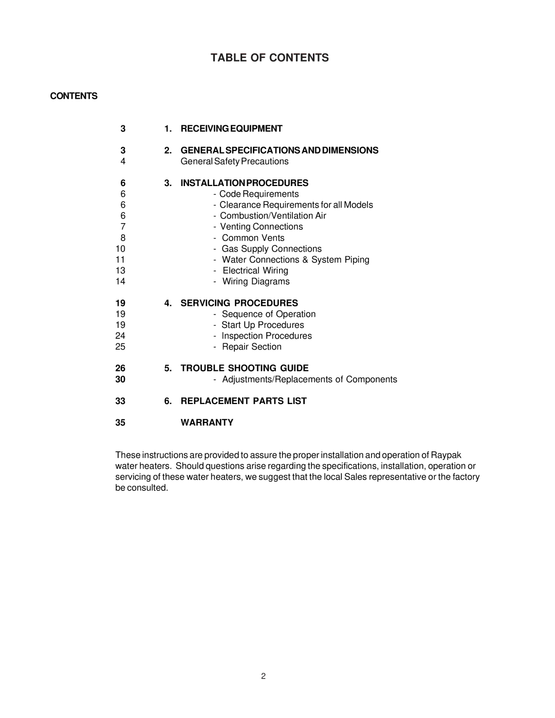 Raypak 260-401 manual Table of Contents 