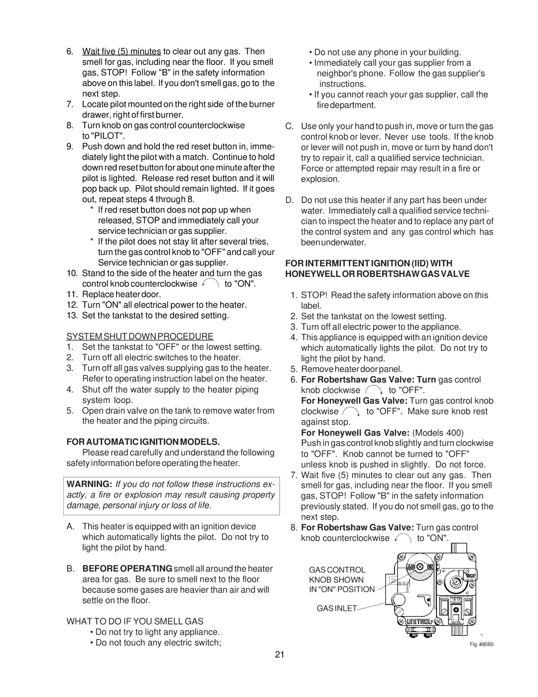 Raypak 260-401 manual System Shut Down Procedure, For Automatic Ignition Models 