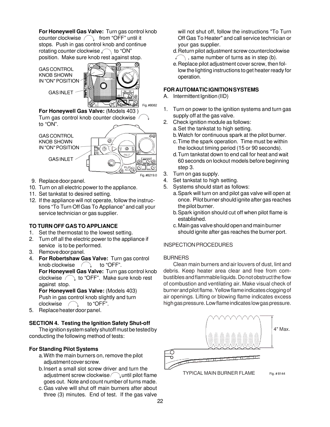 Raypak 260-401 manual To Turn OFF GAS to Appliance, For Automatic Ignition Systems, Inspectionprocedures Burners 