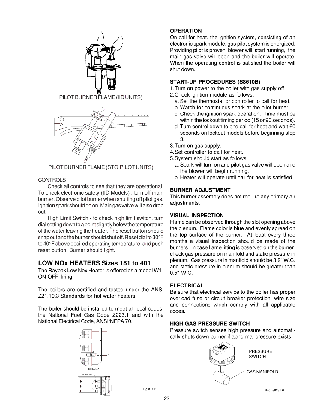 Raypak 260-401 manual Operation, START-UP Procedures S8610B, Burner Adjustment, Visual Inspection, Electrical 