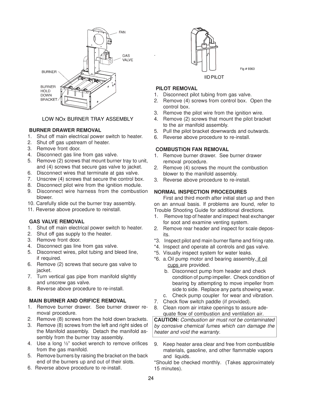 Raypak 260-401 manual Burner Drawer Removal, GAS Valve Removal, Main Burner and Orifice Removal, Pilot Removal 