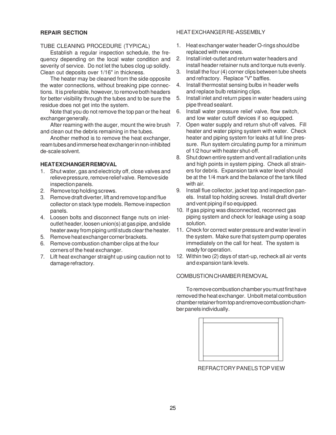 Raypak 260-401 manual Repair Section, Heatexchangerremoval, Heat Exchanger RE-ASSEMBLY, Combustion Chamber Removal 