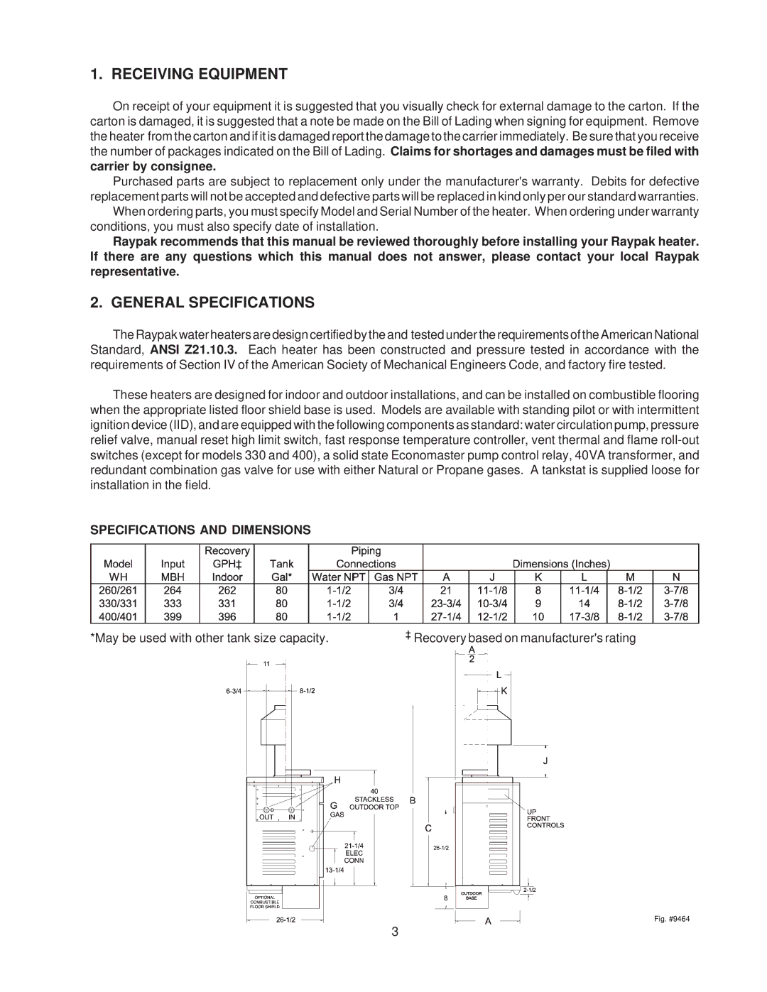 Raypak 260-401 manual Receiving Equipment, General Specifications, Specifications and Dimensions 