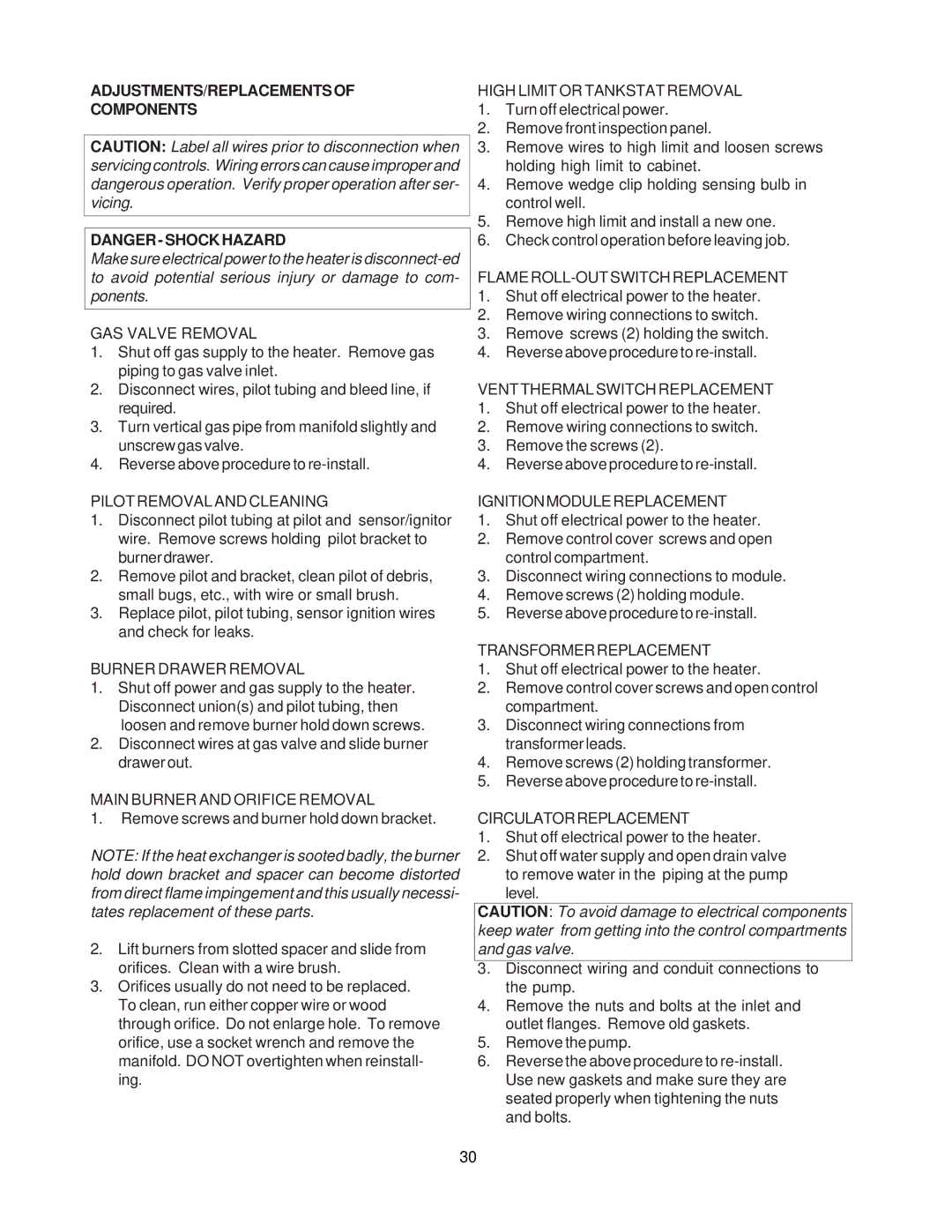 Raypak 260-401 manual ADJUSTMENTS/REPLACEMENTSOF Components 