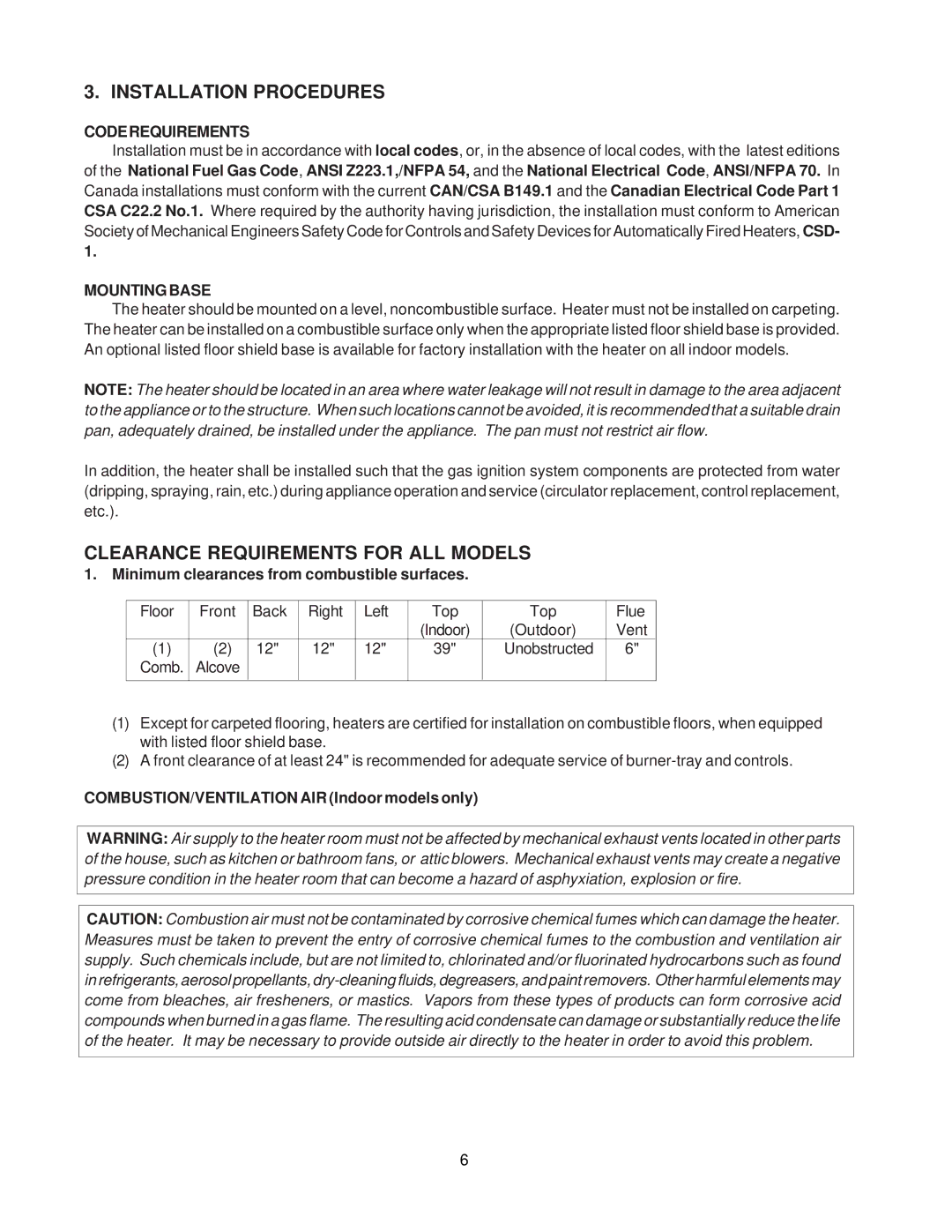 Raypak 260-401 manual Installation Procedures, Coderequirements, Mountingbase 