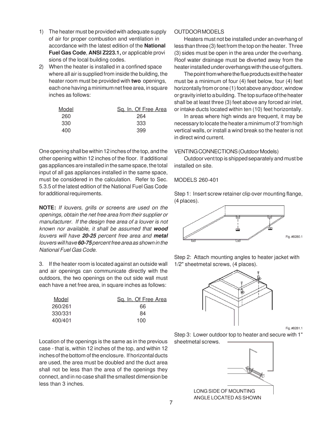 Raypak 260-401 manual Outdoormodels, Fig. #8280.1 