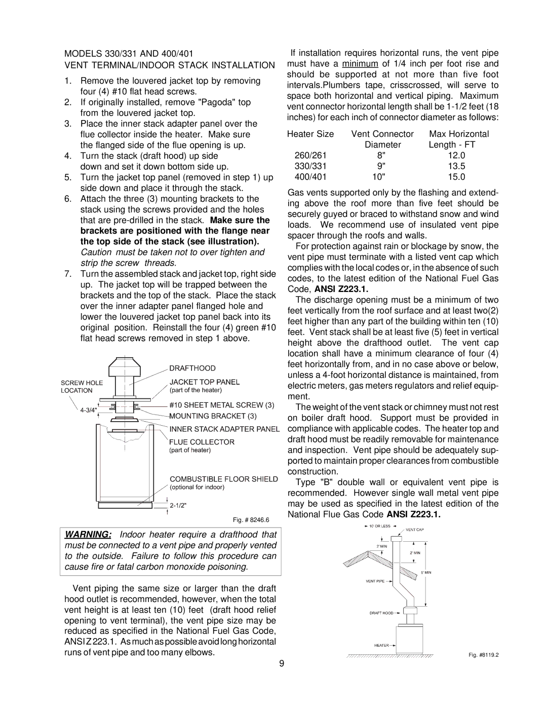 Raypak 260-401 manual Vent TERMINAL/INDOOR Stack Installation 