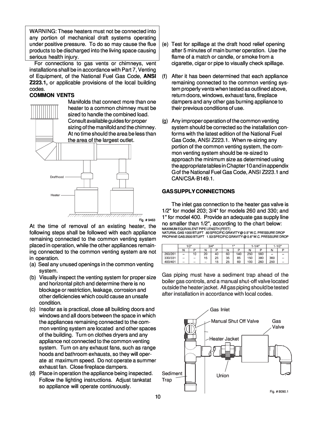 Raypak 260-401 manual Common Vents, Gas Supply Connections 