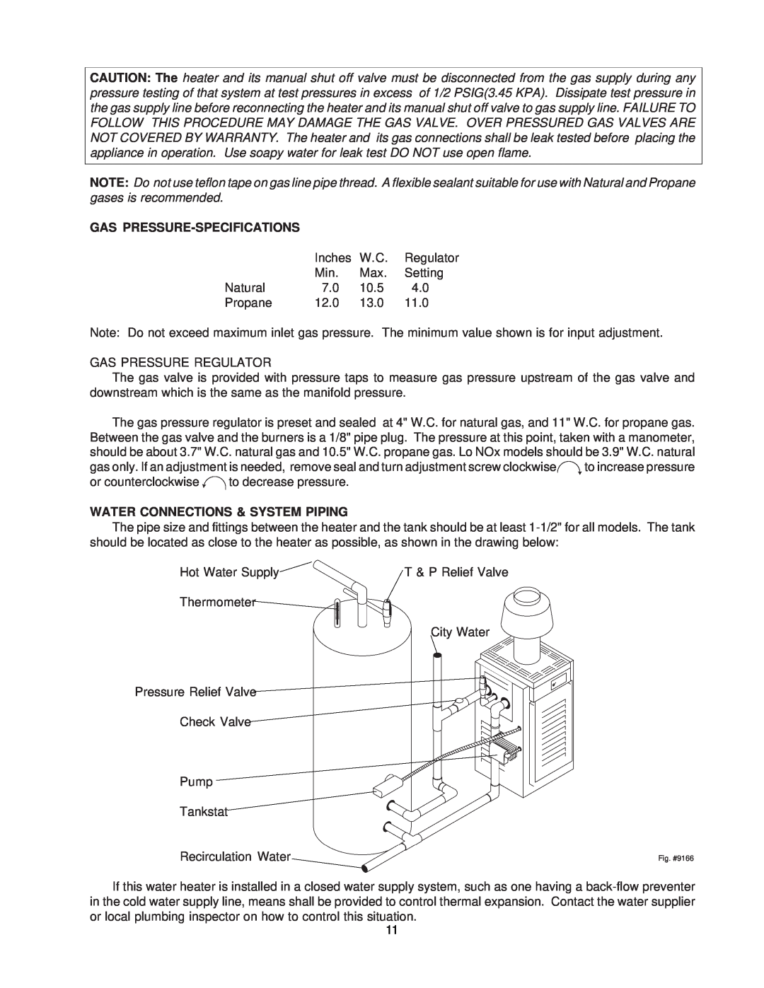 Raypak 260-401 manual Gas Pressure-Specifications, Water Connections & System Piping 