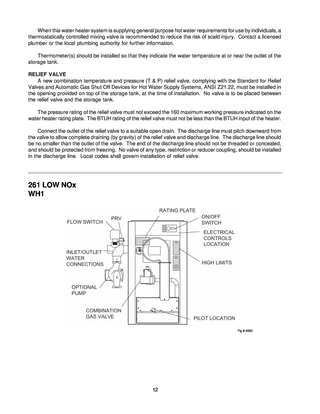 Raypak 260-401 manual LOW NOx WH1, Relief Valve 