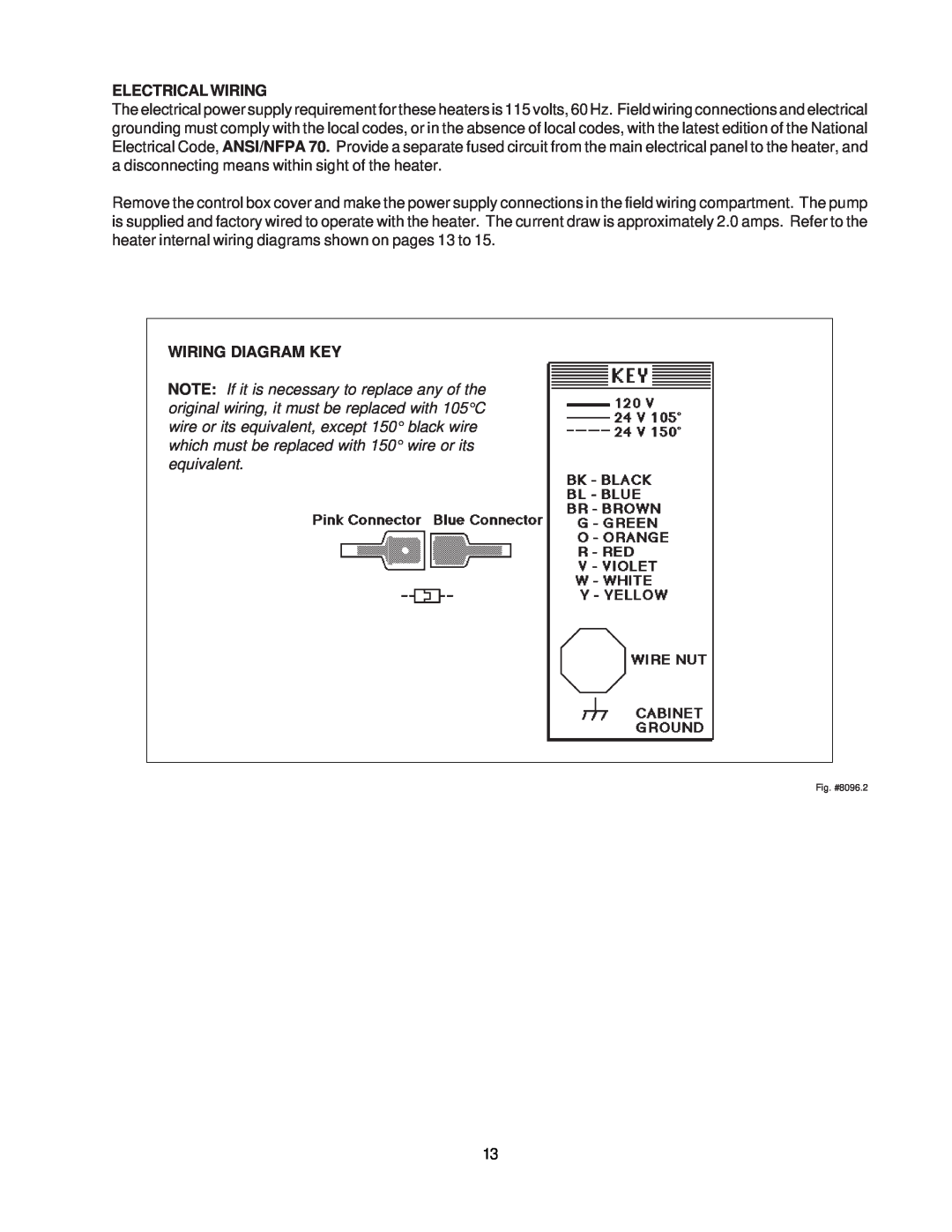 Raypak 260-401 manual Electricalwiring, Wiring Diagram Key, Fig. #8096.2 