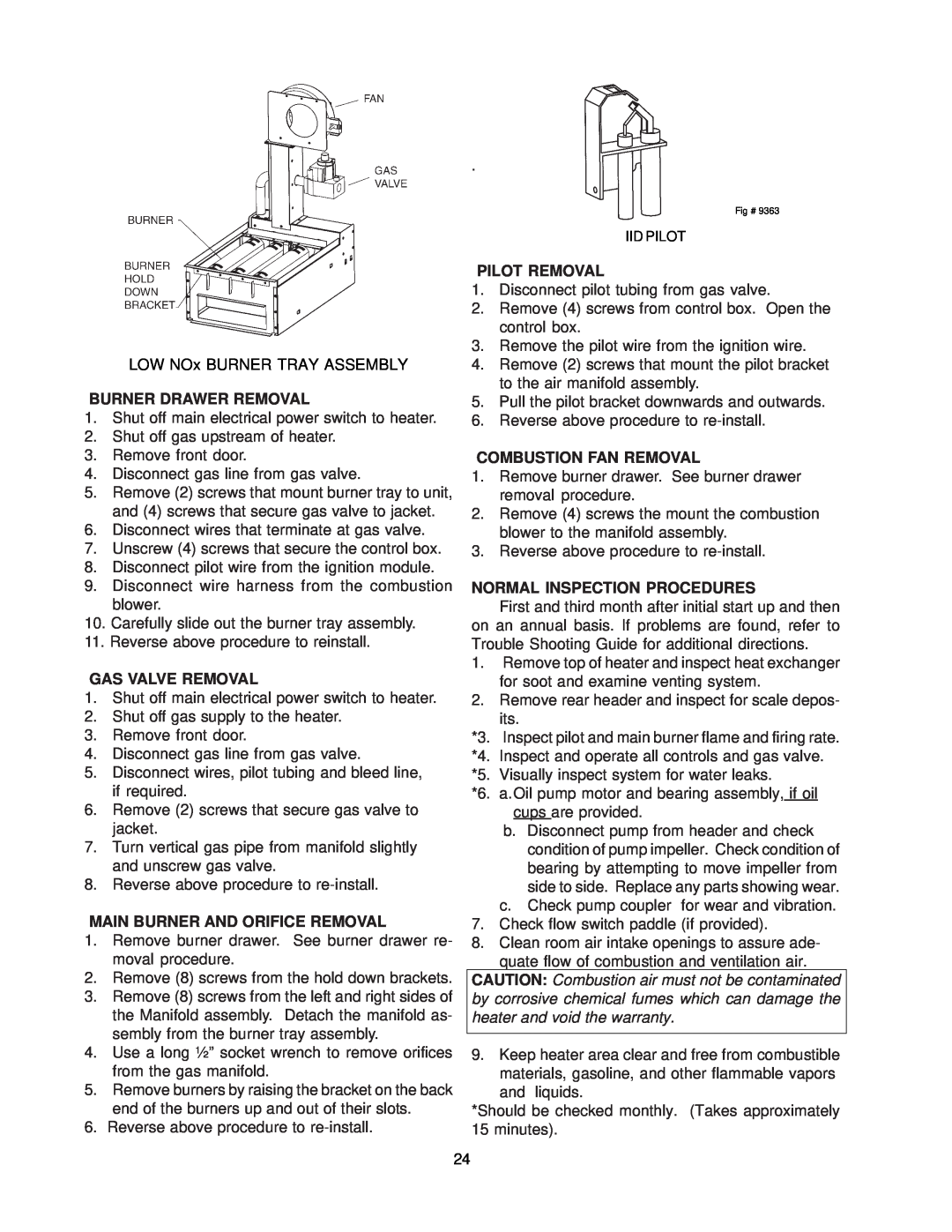 Raypak 260-401 manual Burner Drawer Removal, Gas Valve Removal, Main Burner And Orifice Removal, Pilot Removal 