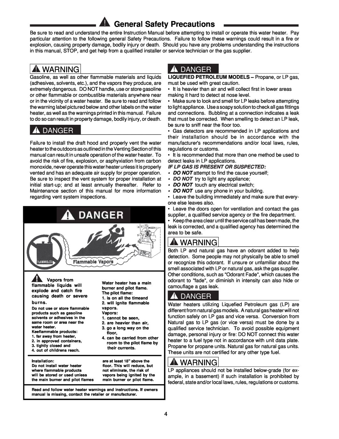 Raypak 260-401 manual General Safety Precautions, Danger, If Lp Gas Is Present Or Suspected 