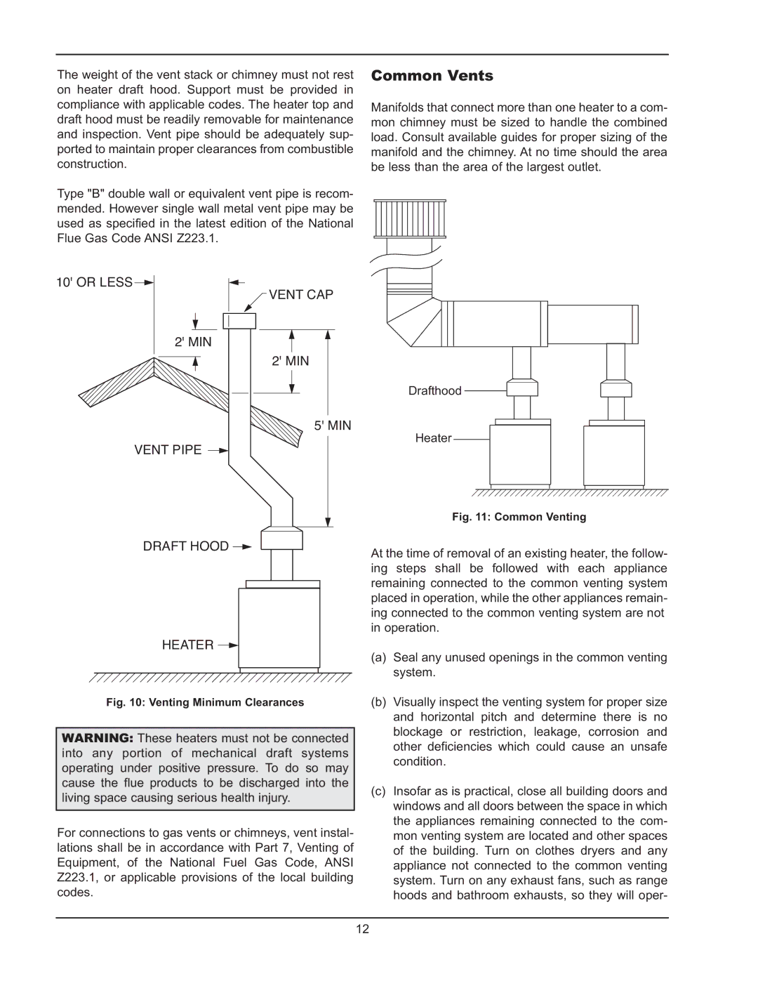 Raypak 2600401 operating instructions Common Vents, Vent Pipe Draft Hood Heater 