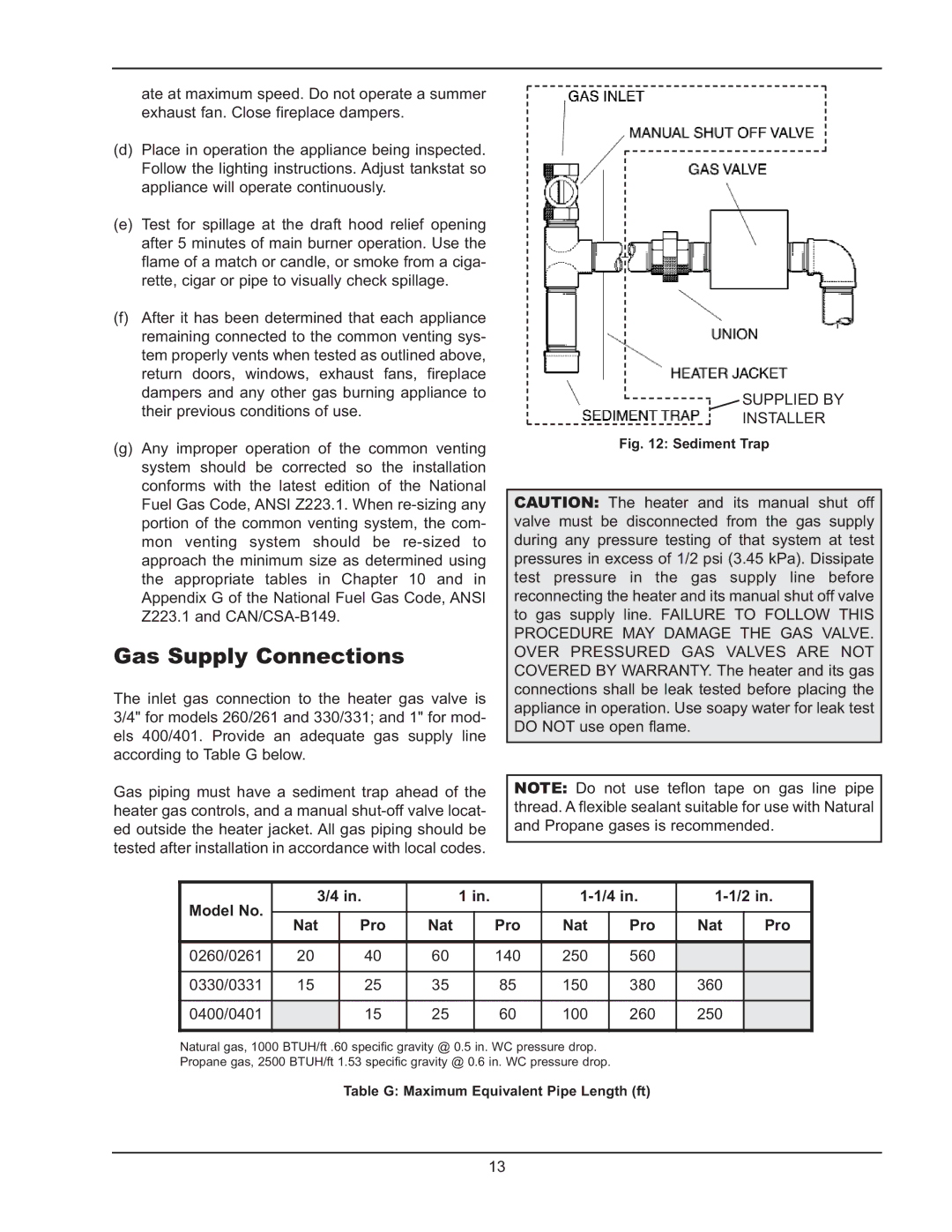 Raypak 2600401 operating instructions Gas Supply Connections, Model No Nat Pro 