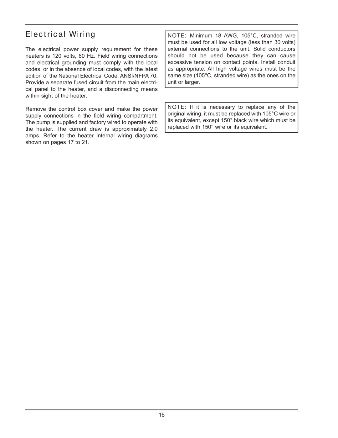 Raypak 2600401 operating instructions Electrical Wiring 