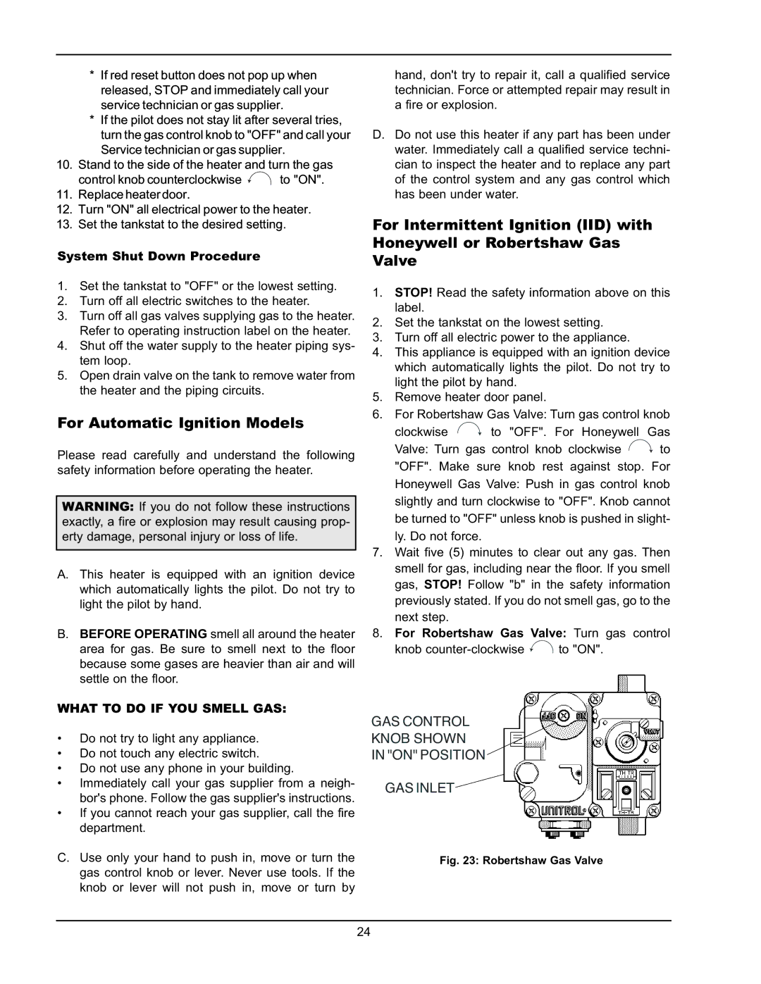 Raypak 2600401 For Automatic Ignition Models, System Shut Down Procedure, For Robertshaw Gas Valve Turn gas control 