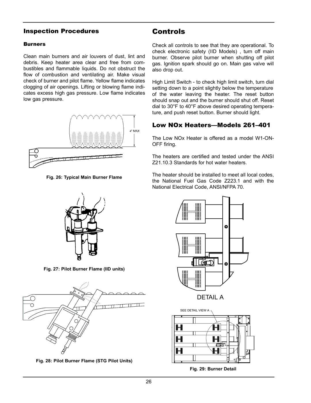 Raypak 2600401 operating instructions Controls, Inspection Procedures, Low NOx Heaters-Models, Burners 