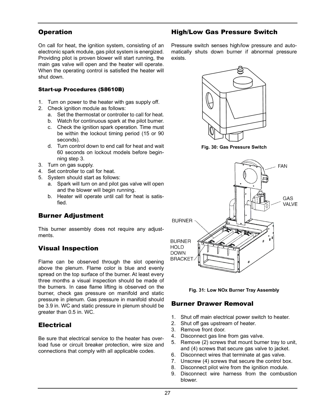 Raypak 2600401 Operation, Burner Adjustment, Visual Inspection, Electrical, High/Low Gas Pressure Switch 