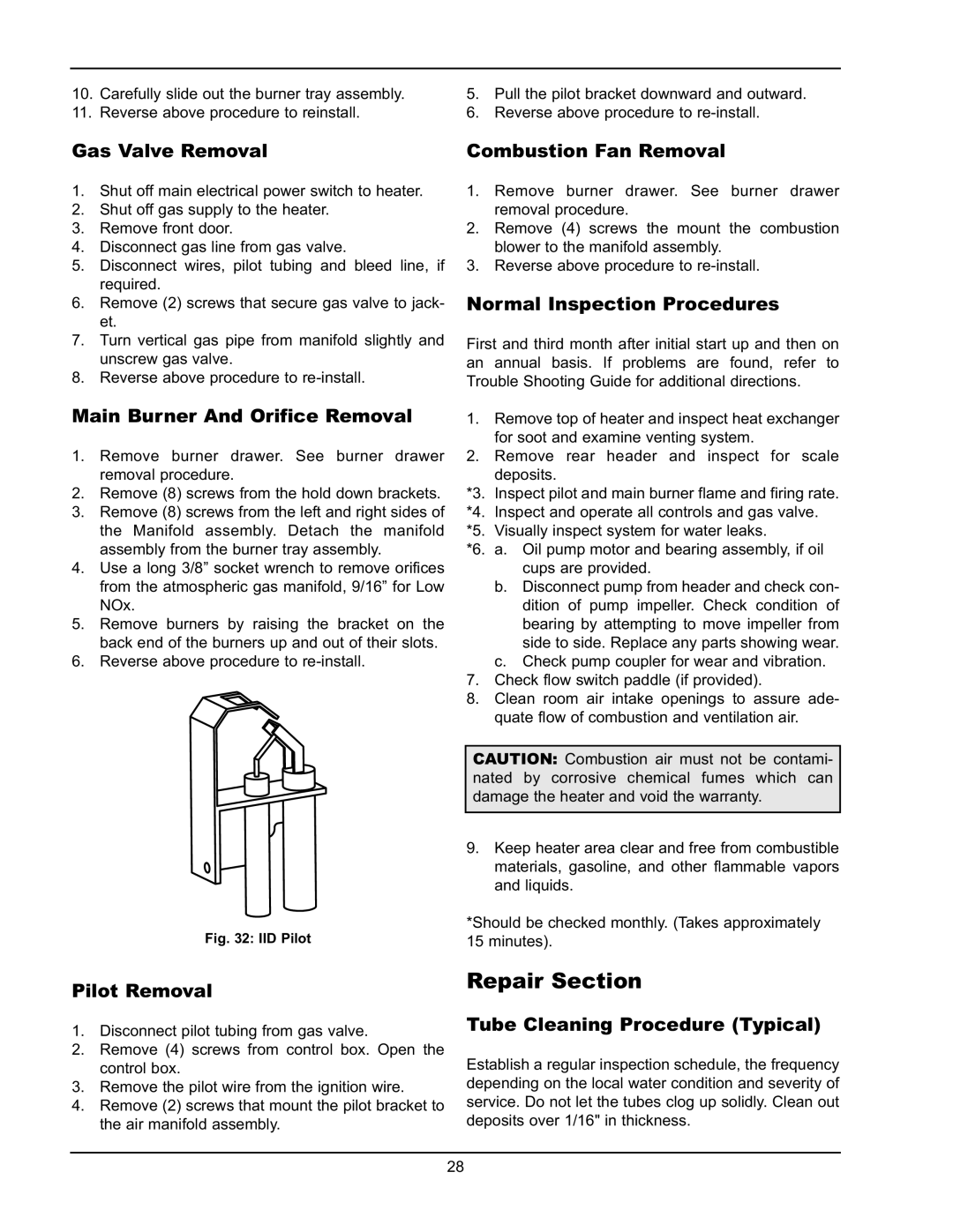 Raypak 2600401 operating instructions Repair Section 