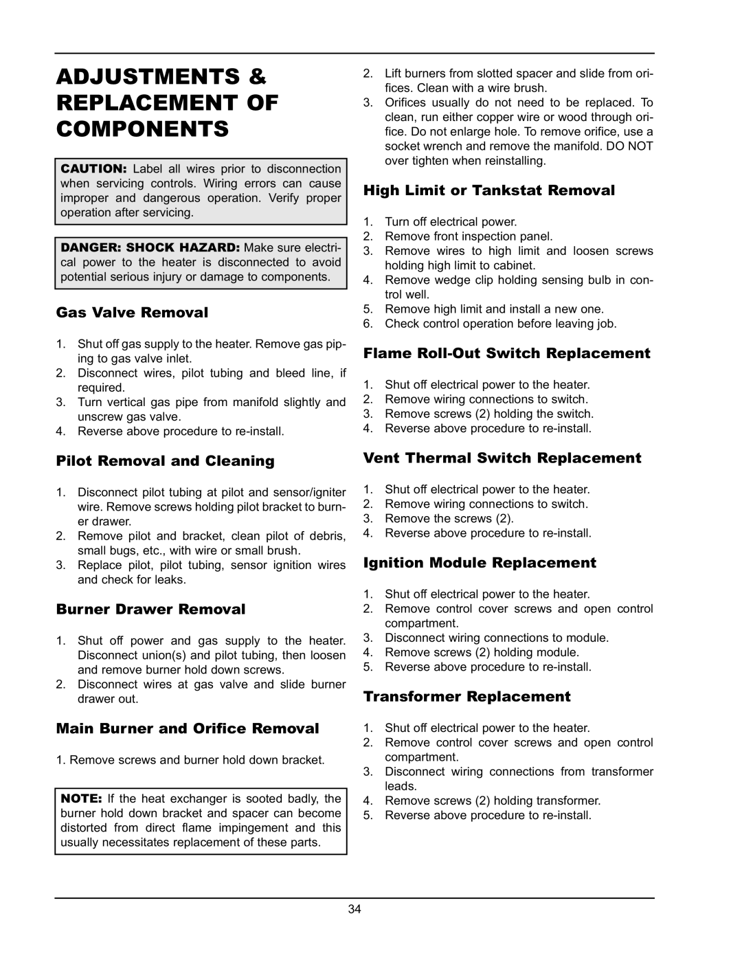 Raypak 2600401 operating instructions Adjustments & Replacement of Components 