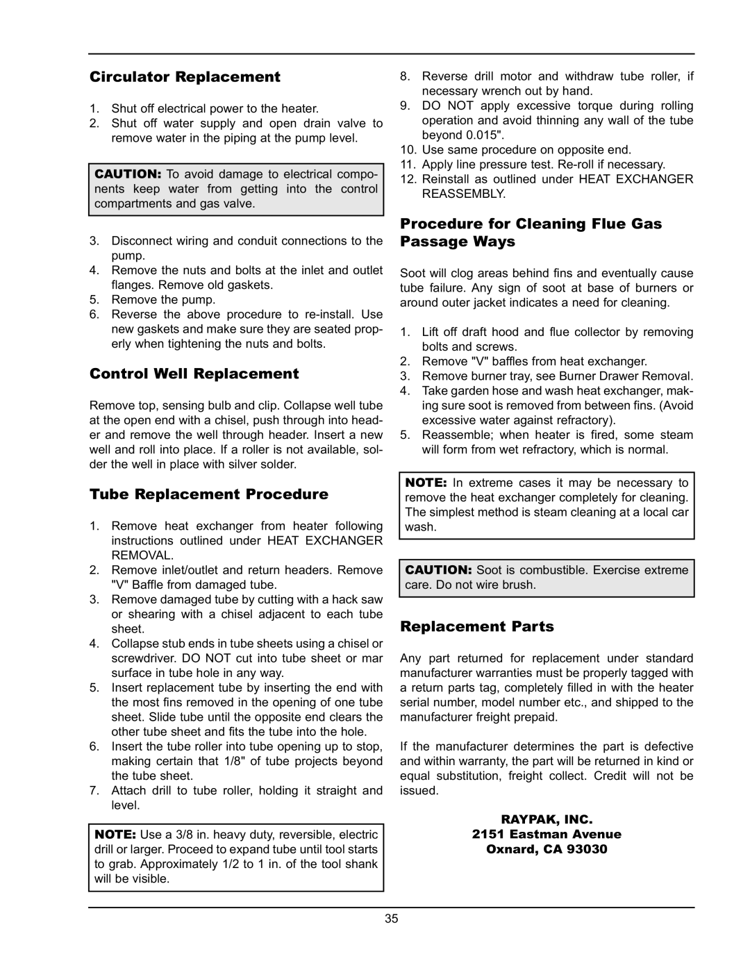 Raypak 2600401 Circulator Replacement, Control Well Replacement, Tube Replacement Procedure, Replacement Parts 