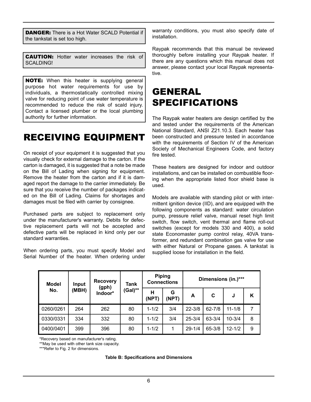 Raypak 2600401 operating instructions Receiving Equipment, General Specifications 