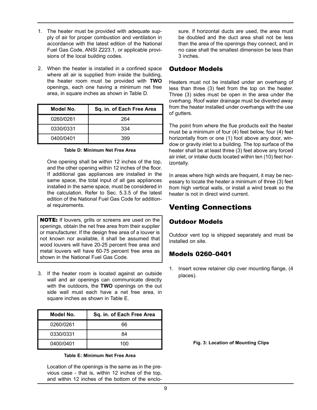 Raypak 2600401 operating instructions Venting Connections, Outdoor Models, Model No Sq. in. of Each Free Area 