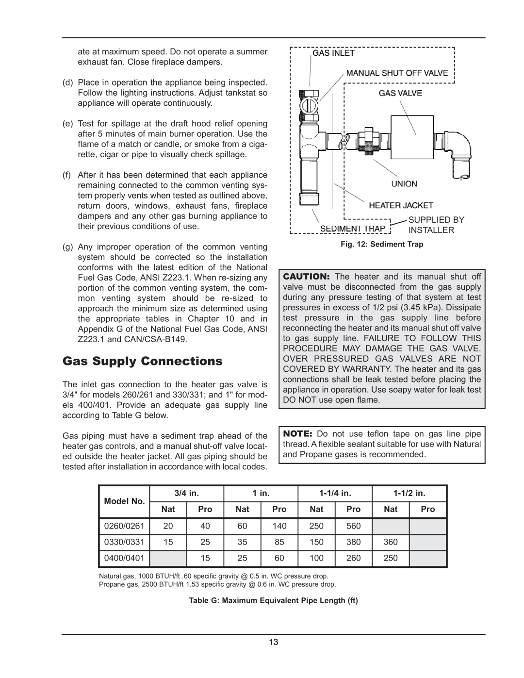 Raypak 2600401 operating instructions Gas Supply Connections, Model No, 3/4 in, 1 in, 1-1/4in, 1-1/2in 