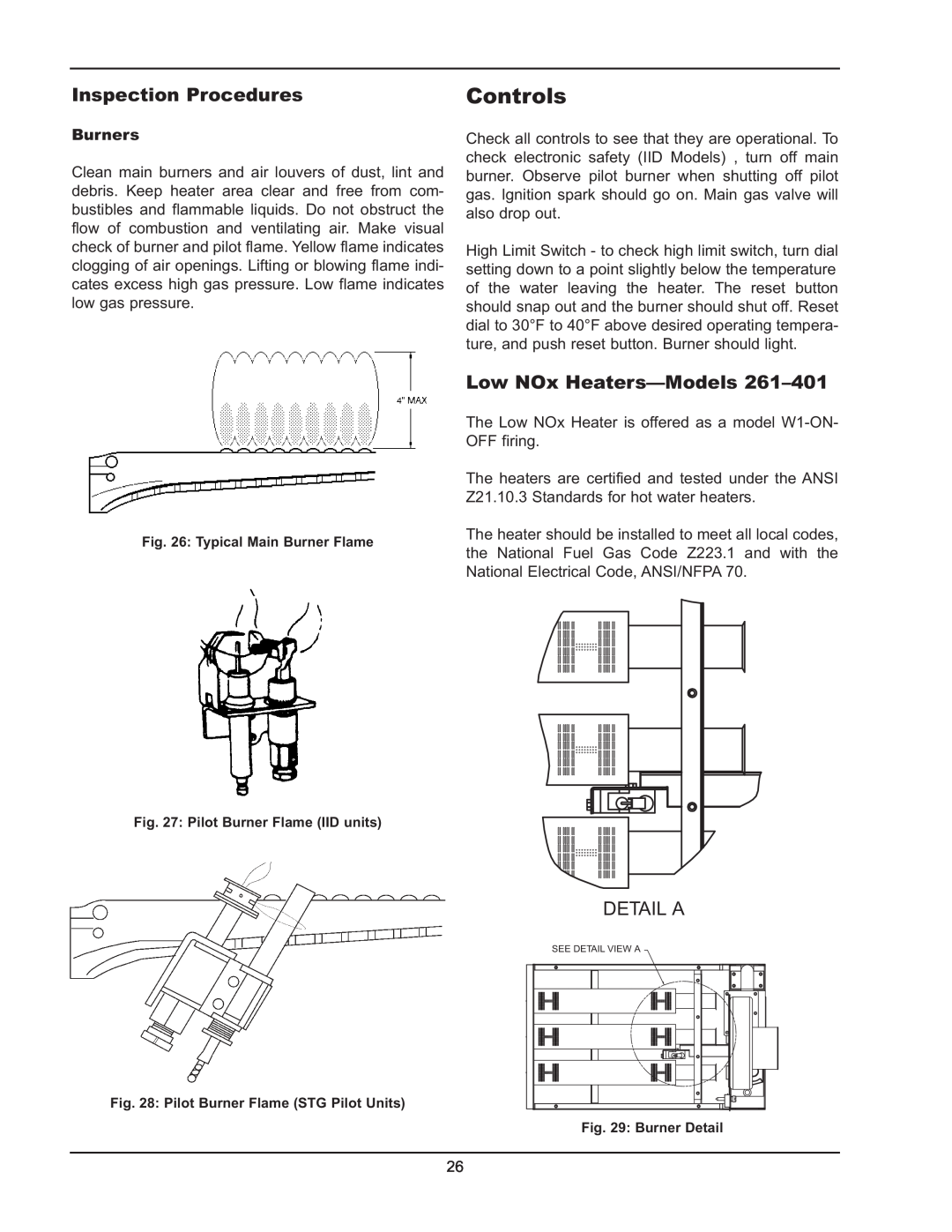 Raypak 2600401 operating instructions Controls, Inspection Procedures, Low NOx Heaters-Models, Burners 
