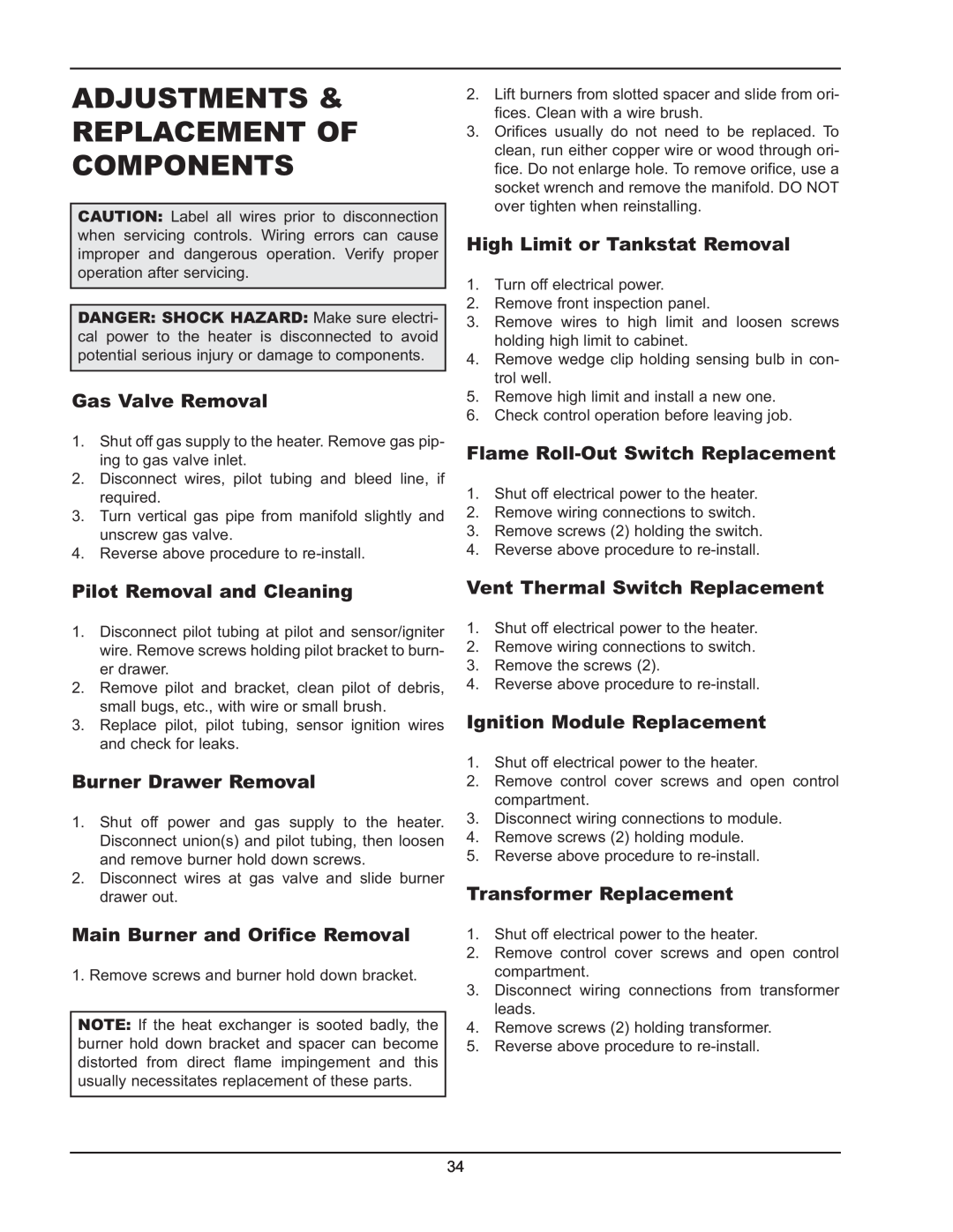 Raypak 2600401 Adjustments & Replacement Of Components, Pilot Removal and Cleaning, Main Burner and Orifice Removal 