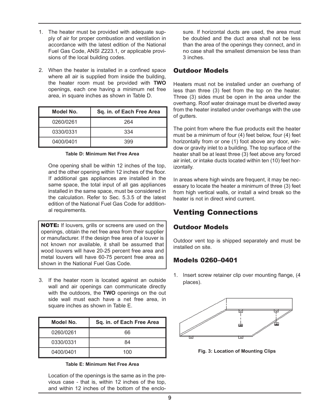 Raypak 2600401 operating instructions Venting Connections, Outdoor Models, Model No, Sq. in. of Each Free Area 