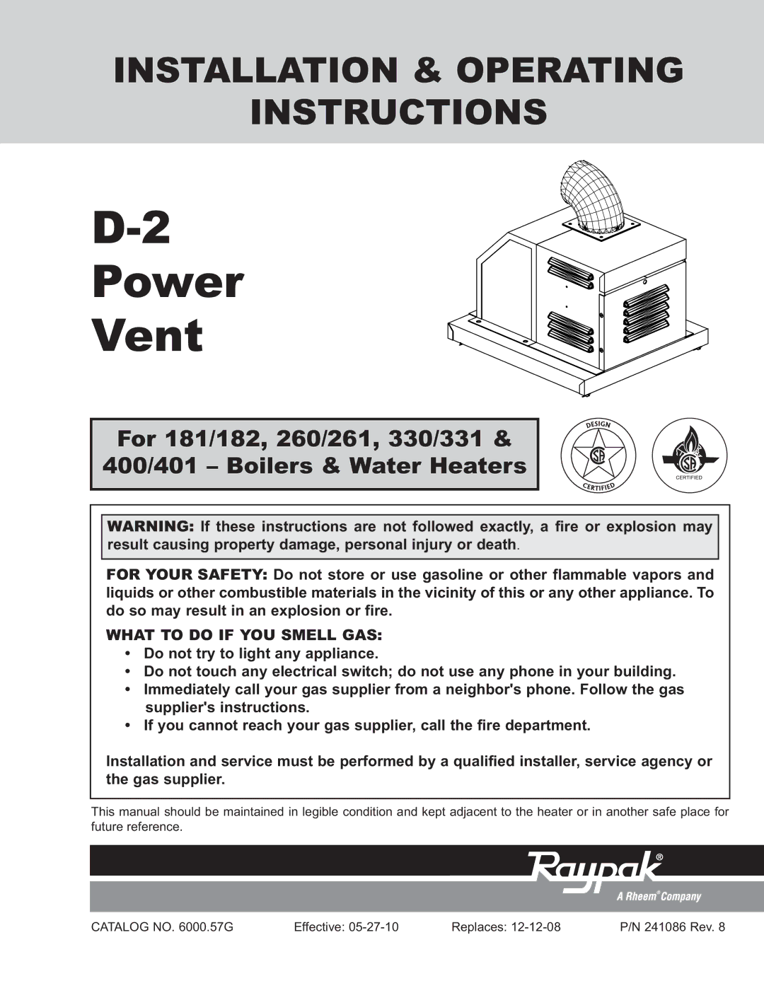 Raypak 181/182, 260/261, 400/401, 330/331 manual Power Vent 