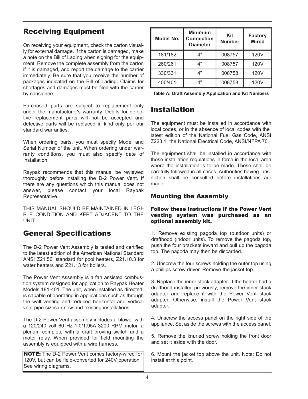 Raypak 260/261, 181/182, 400/401, 330/331 manual Receiving Equipment, General Specifications, Installation 