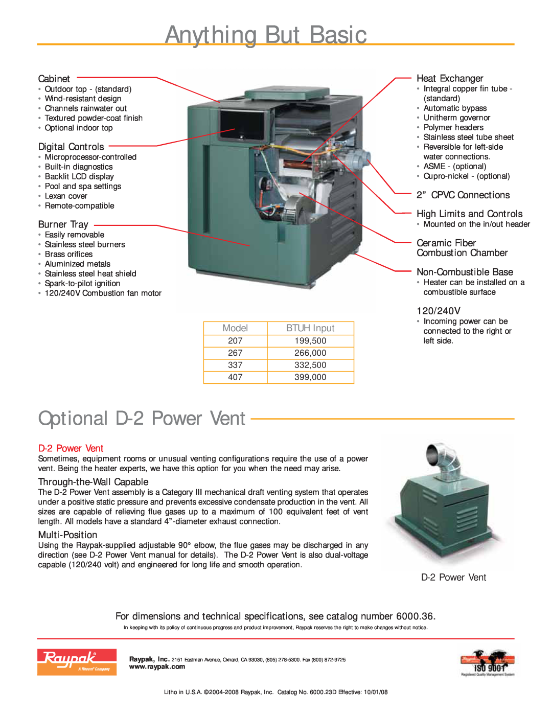 Raypak 337, 267, 207 dimensions Anything But Basic, Optional D-2Power Vent 