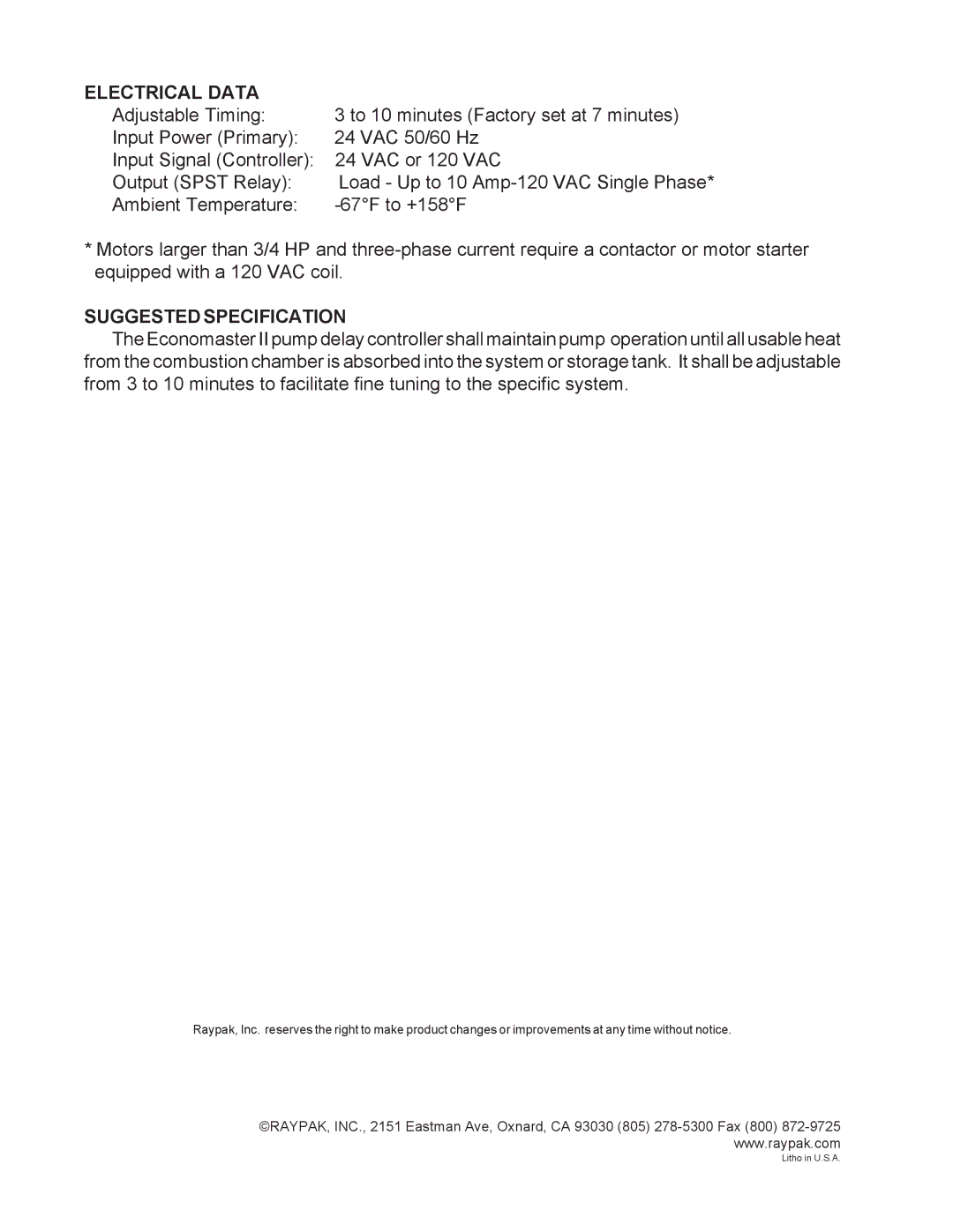 Raypak 3001, 624 manual Electrical Data, Suggested Specification 