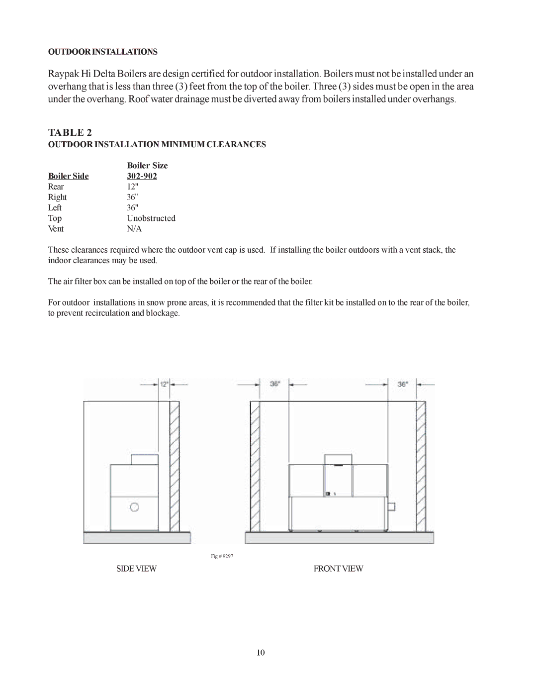 Raypak 302-902 manual Outdoorinstallations, Outdoor Installation Minimum Clearances 